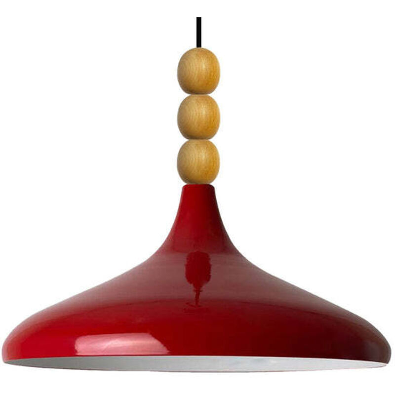 Bamyum Schlichte Rot Pendelleuchte Mit Drei Perlen Und Holzkopf – Vintage-kronleuchter E27 Ø35 Cm Für Wohnzimmer, Schlafzimmer Oder Esszimmer