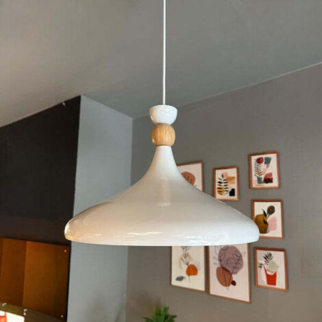 Schlichte Weiß Pendelleuchte in Hutform aus Holz – Vintage-Kronleuchter E27 Ø35 cm für Wohnzimmer, Schlafzimmer oder Esszimmer