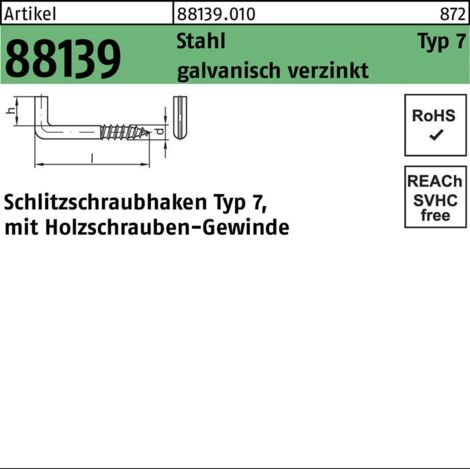 Schlitzschraubhaken 80x12 Stahl galvanisch verzinkt 100 Stk
