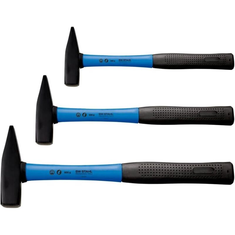 SW-Stahl 50430L Schlosserhammersatz mit Fiberglas-Stiel 3-teilig I Hammer mit Gummigriff I Werkzeughammer mit Fiberglasstiele I Hammer 300g, 500g &