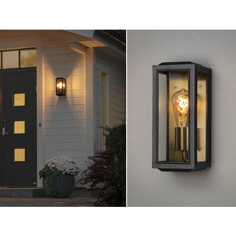 Schmale LED Außenwandlaterne Schwarz-Messing mit Klarglas, Höhe 30cm
