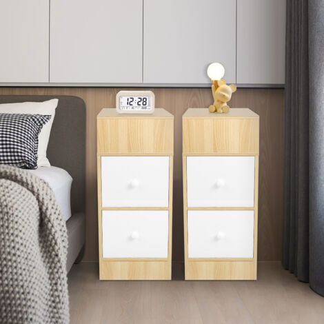 Schmale Nachttische, 2er-Set, Beistelltische mit 2 Schubladen und offenem Fach, Beistelltisch, Sofa-Beistelltisch, platzsparend, für Schlafzimmer, Wohnzimmer – Natur