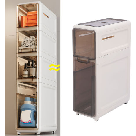 Schmaler Aufbewahrungsschrank mit Rollen – Schlanker, wasserfester 2-stöckiger Schrank für kleine Badezimmer und Waschküchen – Material: PP/PET, mit 6 Rollen