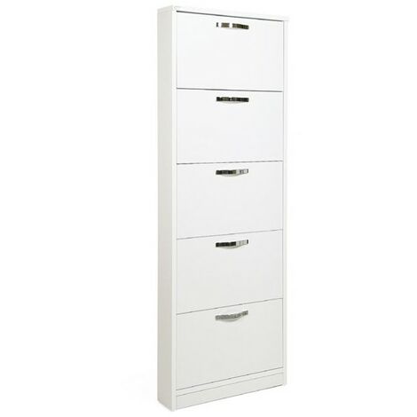 Schmaler Schuhschrank aus weißer Esche aus Melaminholz 5 Klappen 180x65x15 cm