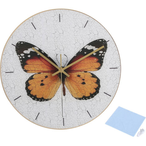 Schmetterlings-Wanduhr mit Craquelé-Muster, UV-bedruckt und geräuschlos für Wohnzimmer, Büro oder Bar