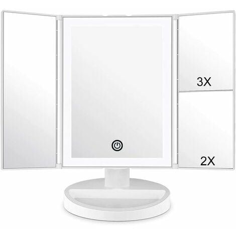 Schminkspiegel mit LED-Licht und Touchscreen, 1X/2X/3X-Vergrerung, um 180�� verstellbare Drehung, Aufsatzspiegel, batteriebetrieben und USB-betrieben (wei)