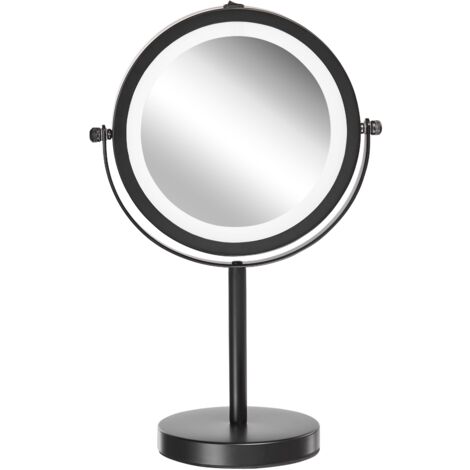 Schminkspiegel Schwarz Eisen rund doppelseitig drehbar mit LED Licht Ständer 5-fach Vergrößerung Modern Kosmetikspiegel Tischspiegel - Schwarz