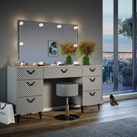 Schminktisch Anett, Grau, 150 cm mit LED Beleuchtung und Hocker, Vicco