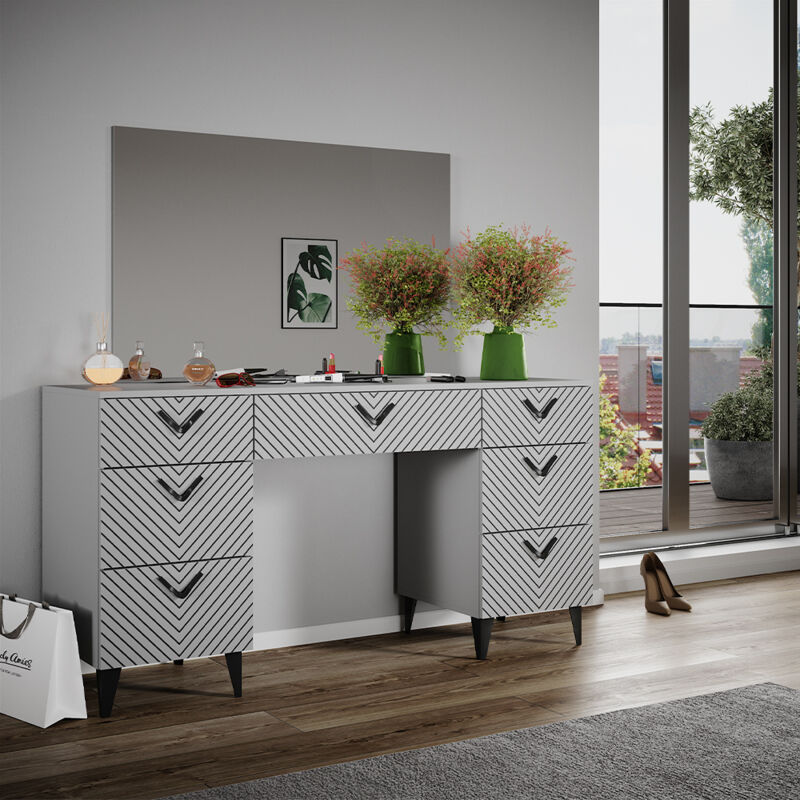 Vicco - Schminktisch Anett, Grau, 150 Cm Mit 7 Schubladen
