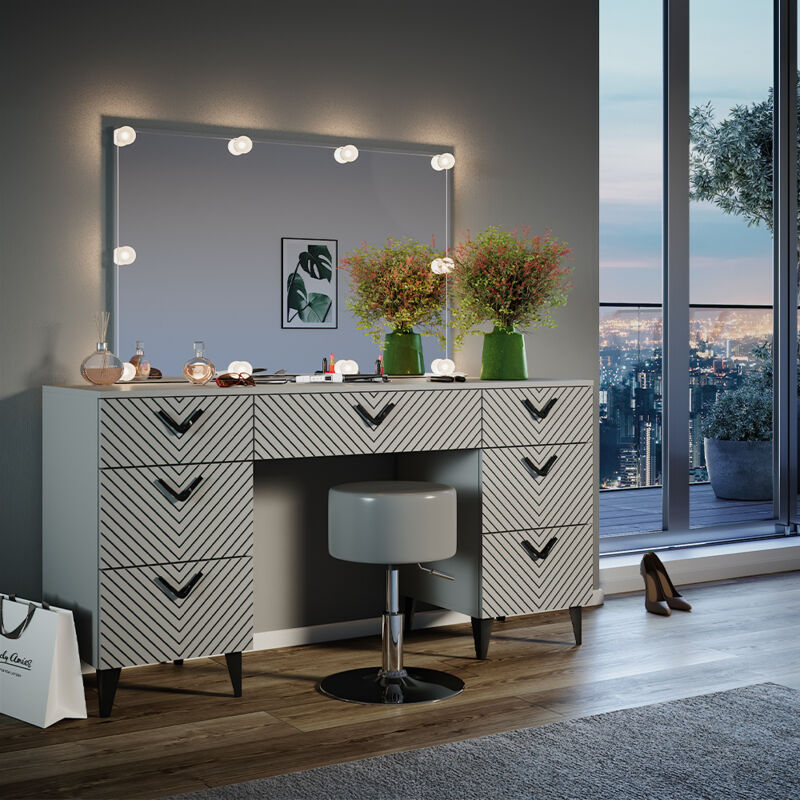 Schminktisch Anett, Grau, 150 Cm Mit Led Beleuchtung Und Hocker, Vicco