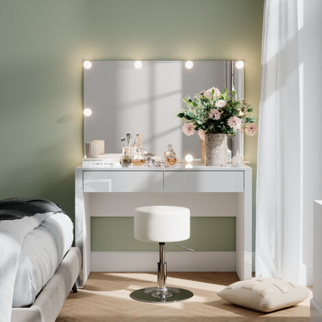 Schminktisch Annabelle, Weiß Hochglanz/Weiß, 110 cm mit LED-Beleuchtung und Hocker, Vicco