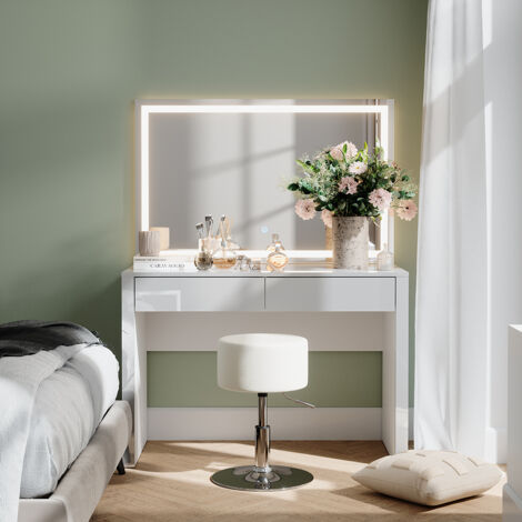 Schminktisch Annabelle, Weiß Hochglanz/Weiß, 110 cm mit LED-Spiegel und Hocker, Vicco
