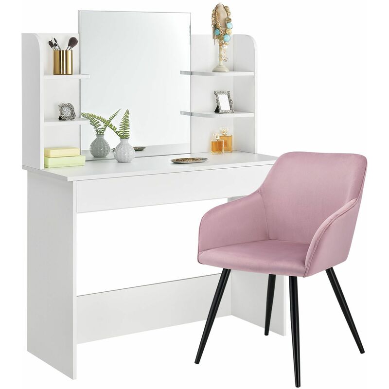 Schminktisch Bella mit Stuhl, Spiegel & großer Schublade – MDF Holz weiß – rosa Sessel - Frisiertisch für Damen und Mädchen – Kosmetiktisch - Juskys