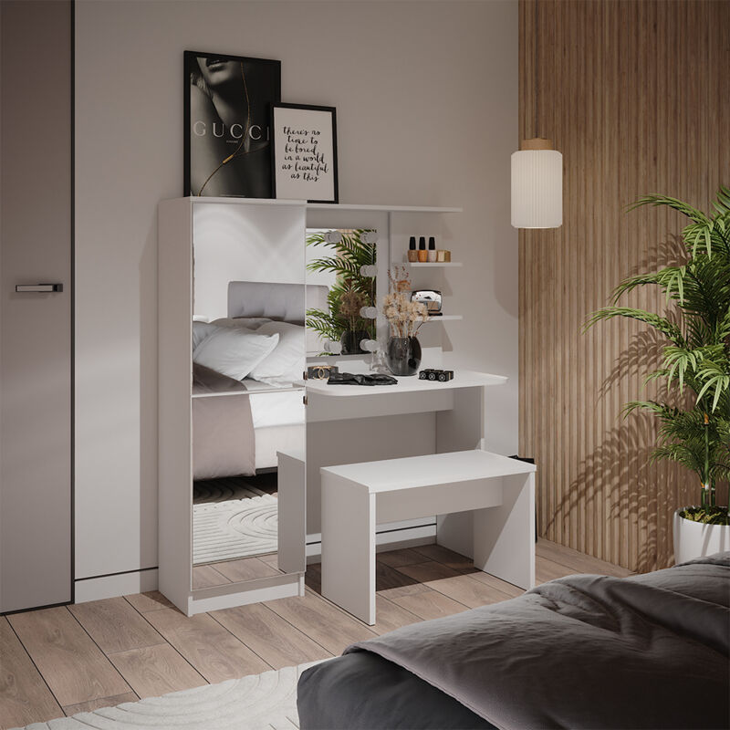 Vicco - Frisierkommode Jasmin, Weiß, 123 Cm Mit Led-beleuchtung Und Bank