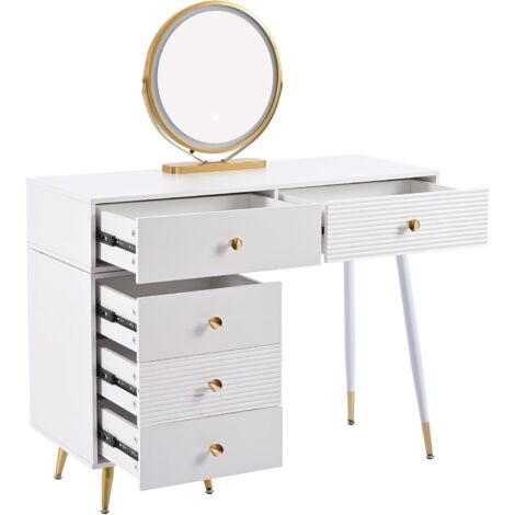 Schminktisch, Kosmetiktisch-Set mit LED-Beleuchtung und Spiegel, mit verstellbarem Seitenschrank und ausziehbarem Design. Maße:B100/H78/T40 cm(ohne Hocker)