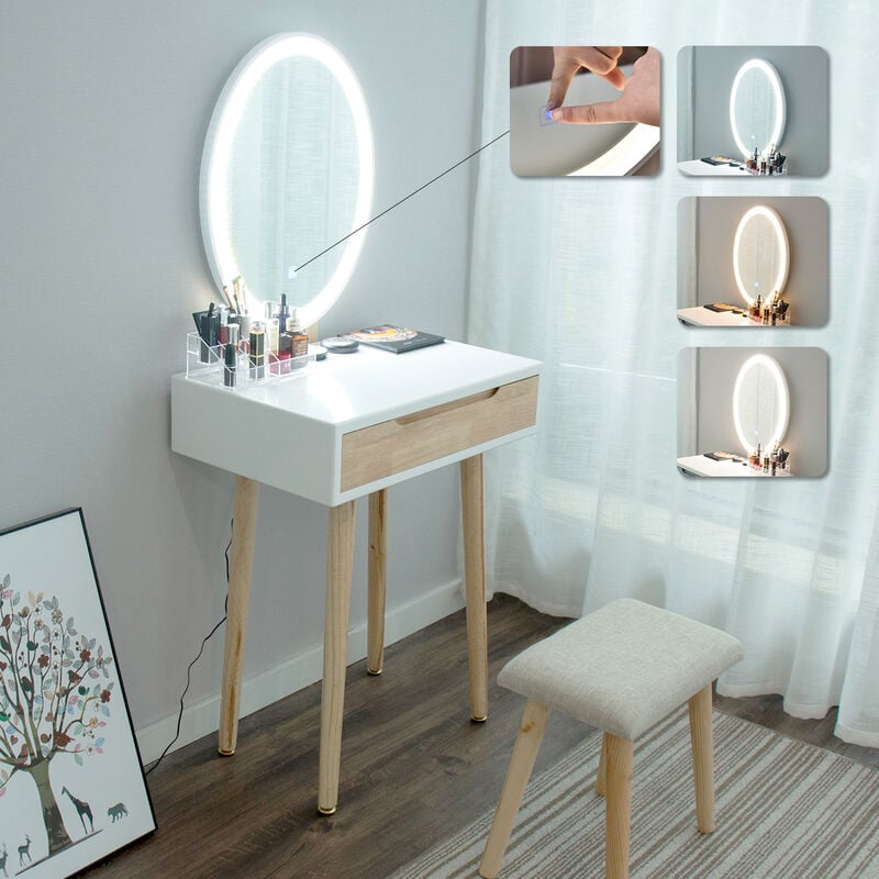 Puluomis - Schminktisch LED-Beleuchtung Kosmetiktisch mit gepolstertem Hocker Frisiertisch Spiegel Schublade Kommode Make-up Tisch, Wohnzimmer, - Weiß