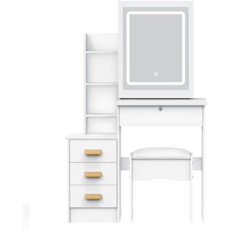 Schminktisch mit LED, Schiebespiegel, 4 Schubladen und Regalen, Weiß, 80x40x135 cm