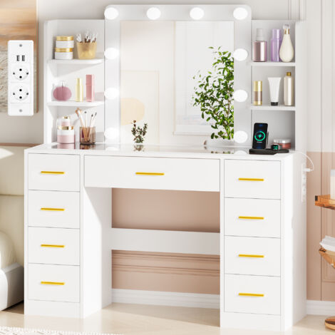 Schminktisch mit Spiegel und Ladestation, LED-Beleuchtung, 9 Schubladen, 105 x 40 x 140 cm, weiß