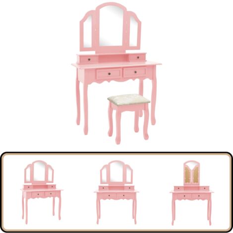 Schminktisch-Set mit Hocker Rosa 100x40x146 cm Paulownia-Holz - Schminktisch - Rosa Schminktisch - Kosmetiktisch - Make Up Tisch - Victoria Style