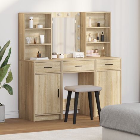 Schminktisch Set mit Regal 3 pcs Sonoma-Eiche Holzwerkstoff vidaXL