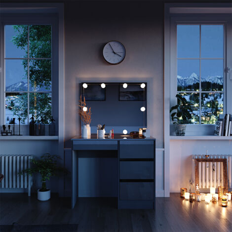 Schminktisch Sherry, Grau, 90 cm mit LED Beleuchtung und Hocker, Vicco