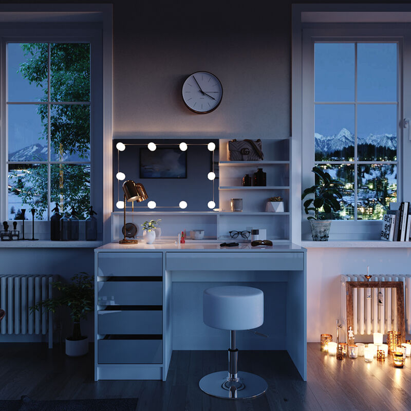 Vicco - Schminktisch Sherry, Weiß, 145 Cm Mit Led Beleuchtung, Hocker Und Spiegelregal