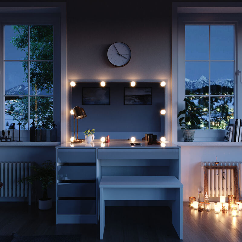 Vicco - Schminktisch Sherry, Weiß, 120 Cm Mit Led Beleuchtung Und Bank