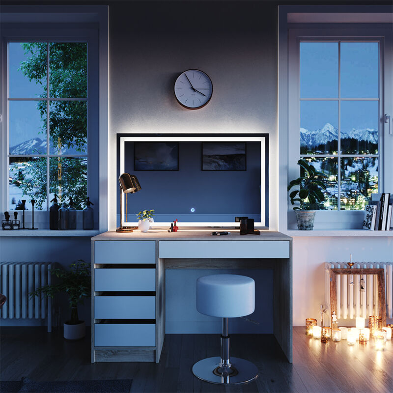 Vicco - Schminktisch Sherry, Weiß/sonoma, 120 Cm Mit Led-spiegel Und Hocker