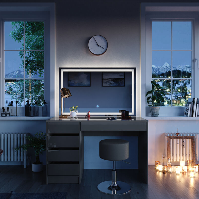 Vicco - Schminktisch Sherry, Grau, 120 Cm Mit Led-spiegel Und Hocker
