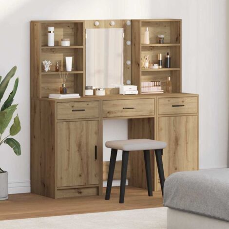 Schminktischset mit LED 3 pcs Artisan-Eiche Holzwerkstoff vidaXL