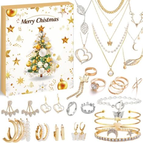 TONCHEAN Schmuck-Adventskalender für Erwachsene und Frauen, 24-Tage-Countdown bis Weihnachtskalender mit goldener Halskette, Ringen, Ohrringen, Armband, Weihnachtsüberraschungsgeschenk für Freundin, Ehefrau, T