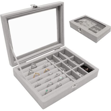 Schmuckaufbewahrung, Damen-Schmuckkästchen, Schmuckkästchen und Präsentationsständer mit Deckel, Samt-Schmuckkästchen für Ringe, Ohrringe, Halsketten (grau)