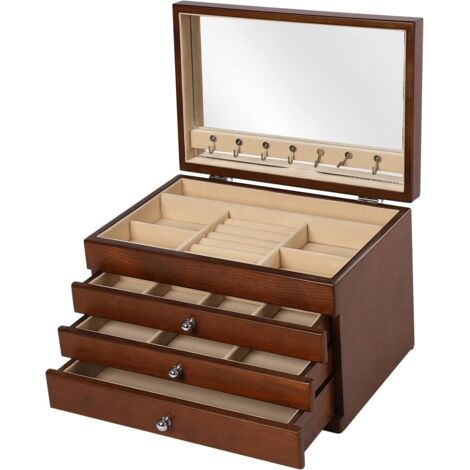 Schmuckkästchen aus Holz 4-stöckiges Schmuckkästchen mit Spiegel und 3 Schubladen Geschenk für Freundin, Frau, Mutter