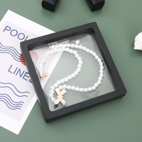 Schmuckkästchen, PE-Folie, transparentes, oxidationsbeständiges Gehäuse, 9 x 9 cm / 3,5 x 3,5 Zoll, schwarz, Modell M, mit schwebendem Rahmen für Ringe, Halsketten und Armbänder