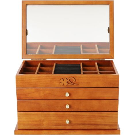 Schmuckkasten Holz Groß Schmuckkästchen 4 Etagen Schmuckschatulle mit Spiegel Vintage Braun Schmuckbox Geschenk für Mutter Freundin Damen, 31 x 19.3 x 19.7cm