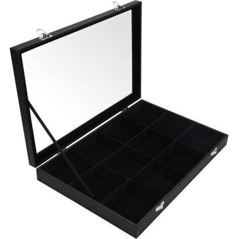 Schmuckorganizer aus schwarzem Samt mit 12 Fächern und Glasdeckel – Schmucktablett aus Filz mit verstellbaren Fächern – Aufbewahrung für Ohrringe, Ringe, Halsketten und Armbänder