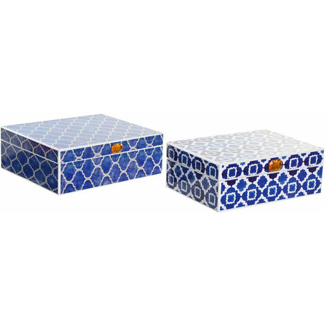 Schmuckset Set 2 Holz 24x20x8 Blaues Mosaikholzmaterial mehrfarbige Farbfamilienboxen und kleine Bijetboxen Details