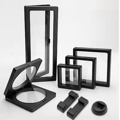 Schmuckvitrine aus PE-Folie, transparenter 3D-Schweberahmen, schwarzer Präsentationsständer (7 x 7 x 2 cm)