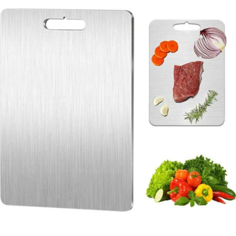 Schneidebrett aus Titan - Beidseitig aus Edelstahl - BPA-frei - Zum Kochen von Fleisch, Brot, Gemüse und Obst (34 x 23 cm)