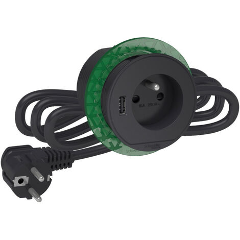 Schneider – Bloc de prise à encastrer XS 2P+T avec USB A – Câble 2m – Pour mobilier épais – Anthracite – Compatible avec différentes épaisseurs