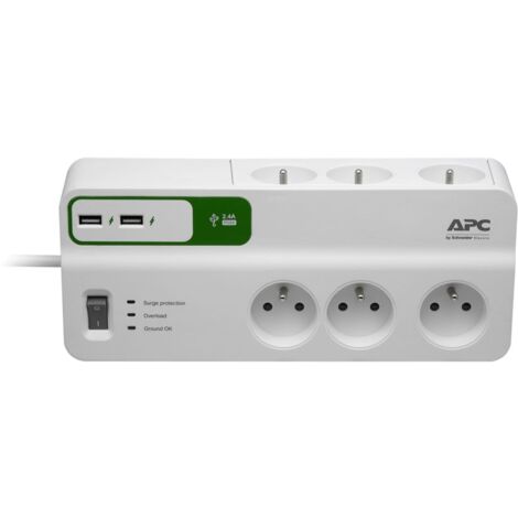 Schneider Electric – Bloc parafoudre 6 prises 2P+T et 2 USB – Protection surtensions – Longueur 1,83 m – Puissance 2300 W – Intensité 10 A