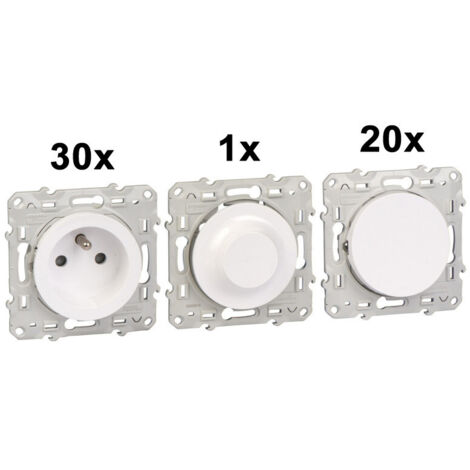 Schneider Electric – Boîtier Odace ProBox blanc – Lot de 10 interrupteurs S520204 + 30 prises 2P+T S520052 + 41 plaques 1 poste S520702 – Chargeur USB-C 10,5W inclus