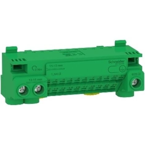 Schneider Electric – Bornier terre 63A – Connexion sans vis pour 21x1,5² à 4² – Vis 3x6² à 25² – 1 terre avec 24 départs – Pour installations électriques