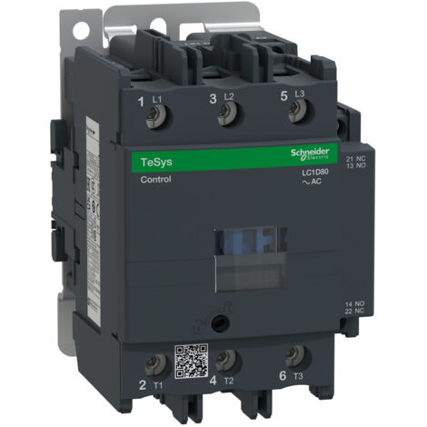 Schneider Electric – Contacteur pour tableau électrique 3P AC3 440V 80A bobine 230V CA – Charge résistive jusqu'à 690V AC – Type de contact 1F + 1O - LC1D80P7