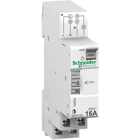 Schneider Electric – Minuterie électromécanique 1 contact 16A 230V – Temporisation réglable 1 à 7 min – Montage rail DIN – Pour ampoules halogènes et fluorescentes