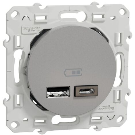 Schneider Electric – Prise USB double type A+C encastrable – Aluminium – 5V 2,4A – Protection courts-circuits – Normes EN 60335-1, EN 60950-1 - S530401
