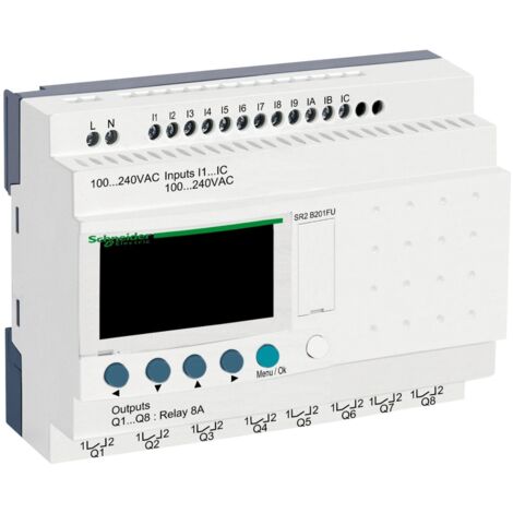 Schneider Electric – Relais intelligent compact 20E/S 100-240Vca – Horloge avec écran rétro-éclairé – 8 sorties relais – SR2B201FU