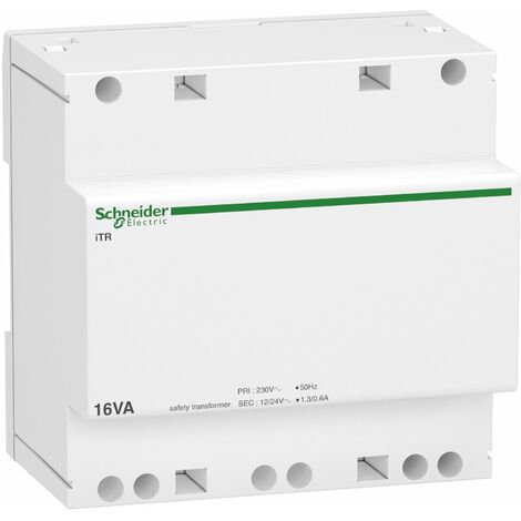 Schneider Electric – Transformateur de sécurité 16VA 230VCA vers 12-24VCA – Isolation parfaite – Protection contre court-circuit – Rail DIN 35mm - A9A15218