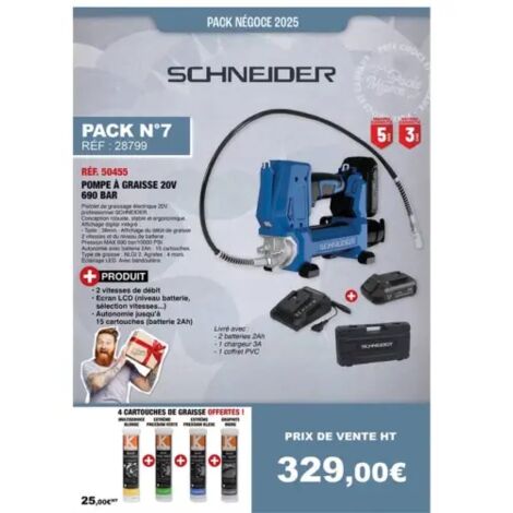 Schneider – Pompe à graisse électrique 20V 690 bar – 2 batteries Li-ion 2Ah – Chargeur 3A – Affichage digital et éclairage LED – Coffret PVC