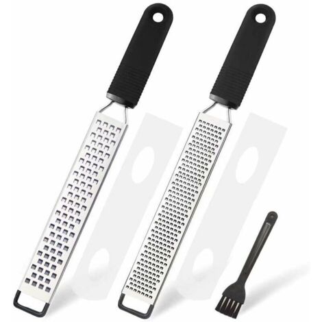 Schneidreibe – Käsereibe, Parmesanreibe, Zitronenreibe – Küchenreibe aus Edelstahl mit Schutzkappe und Silikongriff, schwarz (2-teiliges Set)